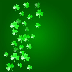 Shamrock background for Saint Patricks Day. Lucky trefoil confetti. Glitter frame of clover leaves.. Template for gift coupons, vouchers, ads, events. Festal shamrock background.