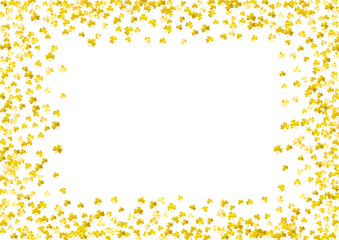 Shamrock background for Saint Patricks Day.  Lucky trefoil confetti. Glitter frame of clover leaves. Template for voucher, special business ad, banner. Dublin shamrock background.