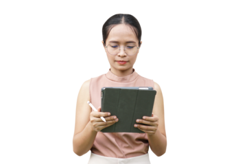 Asian woman happily looking at computer earnings graph