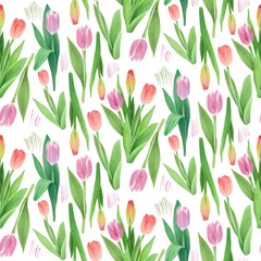 Seamless floral pattern with watercolor tulips of different colors, with abstract paint strokes as elements, can be used as a background or textile design