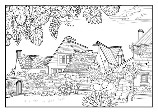 Coloring book for children and adults. Old French manor with vineyard. Landscapes for coloring. Illustration in zen-tangle style. Printable page for drawing and meditation. Black and white vector.