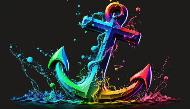 K&uuml;nstlerisch abstrakter Anker mit den Farben der Regenbogenflagge der LGBT-Bewegung (Lesbian, Gay, Bisexual and Transgender) in Neon. (Generative AI)