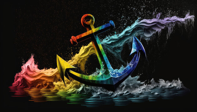 K&uuml;nstlerisch abstrakter Anker mit Meerwasser in den Farben der Regenbogenflagge der LGBT-Bewegung (Lesbian, Gay, Bisexual and Transgender) in Neon. (Generative AI)