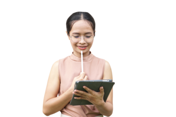 Asian woman happily looking at computer earnings graph