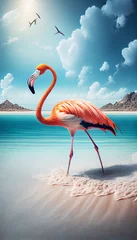 Fotobehang Pink flamingo artwork, sunny sand beach, copy space. Generative AI illustration © Anna