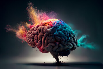 concept of a human brain full with creativity, shows multiple colors and action - generative ai image