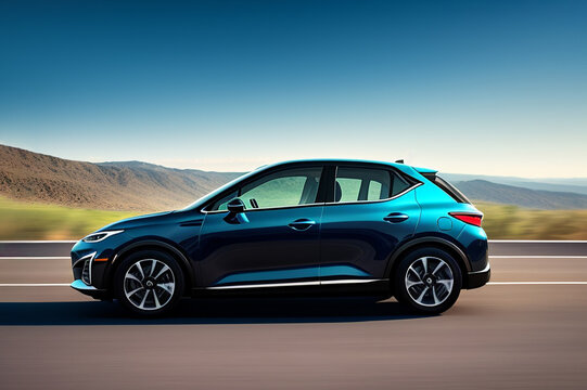 Blue Car Driving Down A Road With Mountains And A Blue Sky In The Background. Side View. Generative AI Technology.