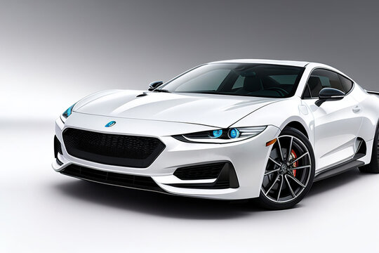 White sports car is shown like a studio photo with a gray background and a black stripe on the front. Car concept. Side view. Generative AI technology. 