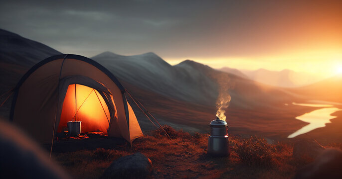 tourist tent in mountains at beautiful sunset - generative AI