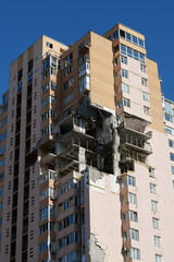 Russian missile damaged multi-storey dwelling building in Kiev city, Ukraine