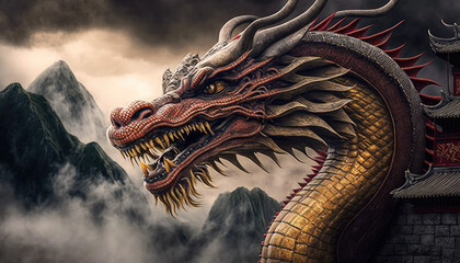 chinese dragon statue at the temple, a chinese red dragon beside a chinese mountain