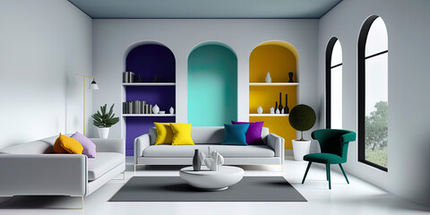 Minimal living room design with colored furniture and white background in fictional and sophisticated style AI-Generated