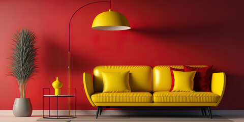 Contemporary trendy yellow Bedrooms on red concept design. Modern red sofa and wood floor lamp. Beautiful flat illustration with trendy living room on gold wall. AI-Generated