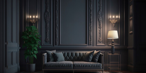dark living room with classical frame on the wall and led molding light AI-Generated