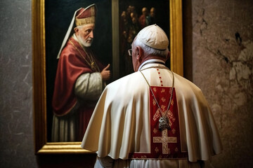 The pope, a religious man, with his back turned, looks at a painting. Ai generated. - obrazy, fototapety, plakaty