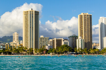 Fototapeta na wymiar Views of Honolulu from the water off the coast.