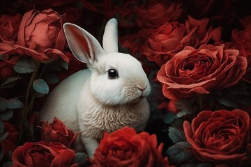 Beautiful white rabbit among red roses. Ai generated.