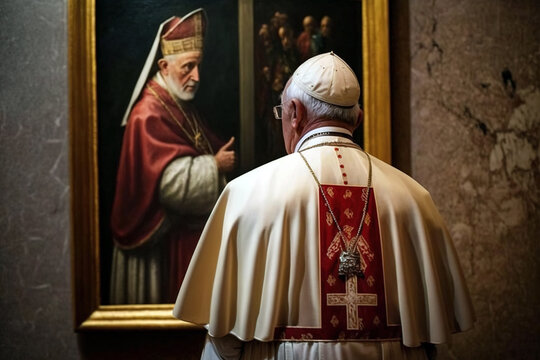 The pope, a religious man, with his back turned, looks at a painting. Ai generated.
