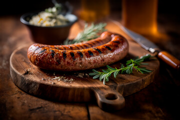 homemade sausage grilled with herbs on rustic wooden table. AI generated