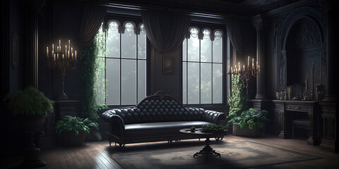 large black Victorian room with black Victorian sofa with dark flowers surrounding the room large window with dim light coming through