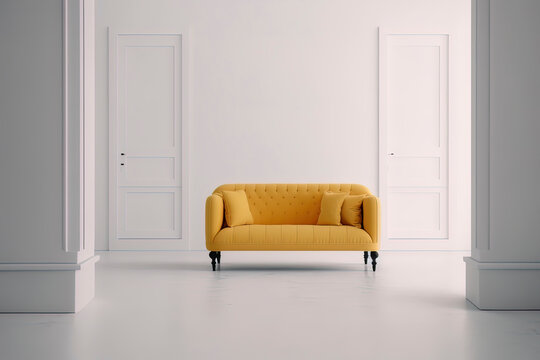 distance shot of modern couch against white wall, trendy minimalism