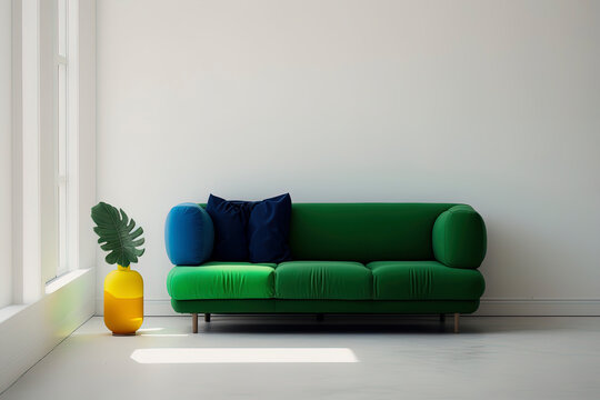 distance shot of modern couch against white wall, trendy minimalism