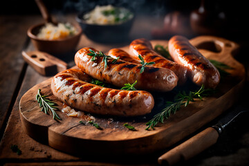 homemade sausage grilled with herbs on rustic wooden table. AI generated - obrazy, fototapety, plakaty