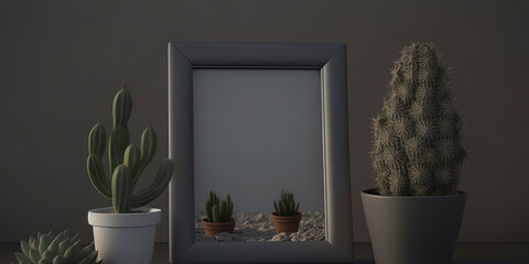 front-facing camera angle. a blank picture frame on a countertop with one or two small cacti no in the way of the picture frame. dark. cozy