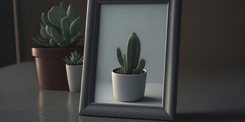 front-facing camera angle. a blank picture frame on a countertop with one or two small cacti no in the way of the picture frame. dark. cozy
