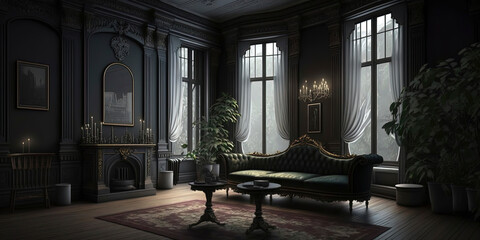 Fototapeta na wymiar large black Victorian room with black Victorian sofa with dark flowers surrounding the room large window with dim light coming through