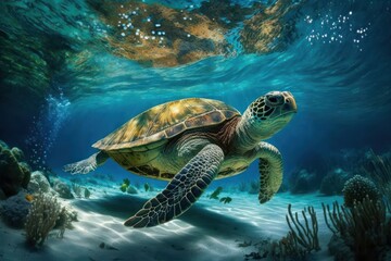 Naklejka na ściany i meble Turtle swims underwater in the sea (Generative AI)