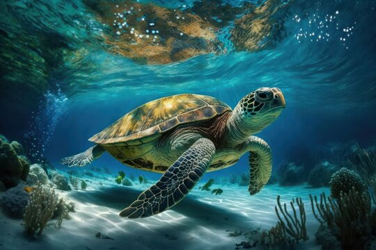 Turtle swims underwater in the sea (Generative AI)