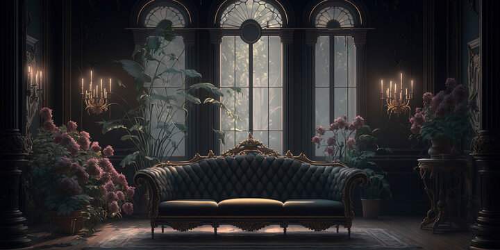 large black Victorian room with black Victorian sofa with dark flowers surrounding the room large window with dim light coming through