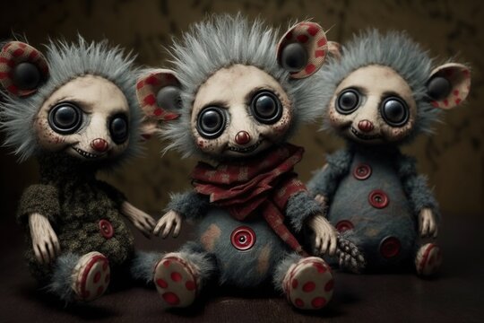 Zombie aye-aye teddy bears, concept of Undead animals and Stuffed toys, created with Generative AI technology