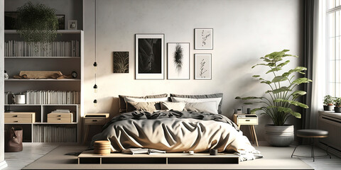 Minimalist beautiful spacious interior, large room, beige shades, few details, large bedroom bed, sunbeams on the wall and bed