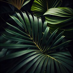 Obraz na płótnie Canvas Palm leaves dark background. Dark green Tropical palm leaves, jungle leaf pattern background. ai generative