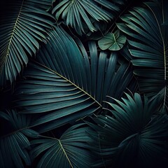 Palm leaves dark background. Dark green Tropical palm leaves, jungle leaf pattern background. ai generative