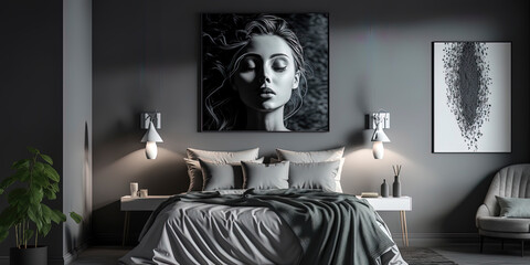modern grey bedroom interiour with an empty big wall with painting