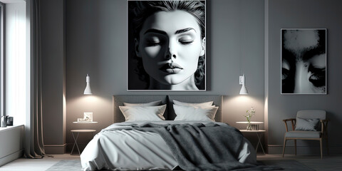 modern grey bedroom interiour with an empty big wall with painting