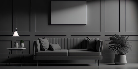 pop minimalistic modern interior grey wall of living room with one art board hanging on the wall