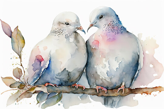 Generative AI. Portrait of two doves in love, watercolor painting. Bird illustration.