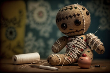 Voodoo doll, concept of Black magic and Witchcraft, created with Generative AI technology - obrazy, fototapety, plakaty