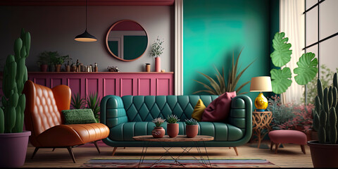 Modern and minimalist living room interior in vivid color render
