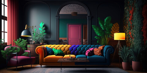 Vivid color render of minimalist living room interior with modern furniture