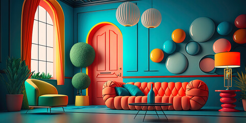 Vivid color render of minimalist living room interior with modern furniture