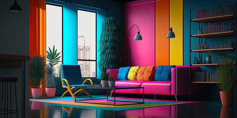 render of minimalist interior of living room, vivid color