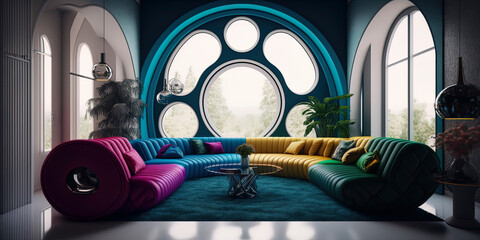 render of futuristic interior of living room, vivid color