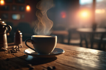 A glass of hot coffee with heating smoke is placed on the wooden table with cafe interior background in the morning environment. Generative Ai image.
