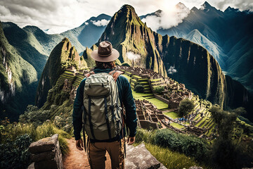 A backpacker with backpack is standing on the peak of mountain with Machu Picchu, the world famous landmark of Peru as the background. Travel and journey scene. Generative Ai image.	
 - obrazy, fototapety, plakaty