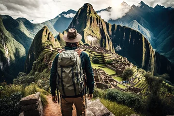Foto op Plexiglas Machu Picchu A backpacker with backpack is standing on the peak of mountain with Machu Picchu, the world famous landmark of Peru as the background. Travel and journey scene. Generative Ai image.  